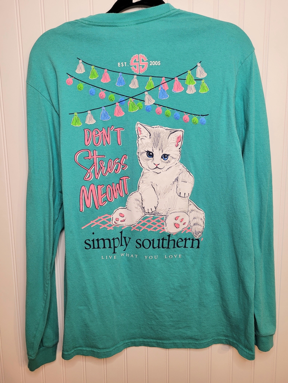 Simply Southern Teal Long Sleeve 'Don't Stress Meowt' Cat Graphic Tee Sz M - Picture 2 of 7